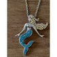 Sterling Silver Mermaid Pendant Blue & Gold Crystal Tail With 21” Necklace 925