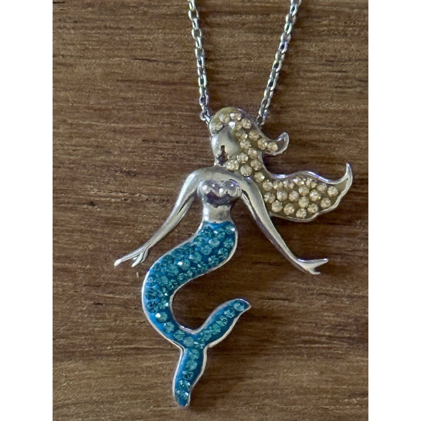 Sterling Silver Mermaid Pendant Blue & Gold Crystal Tail With 21” Necklace 925