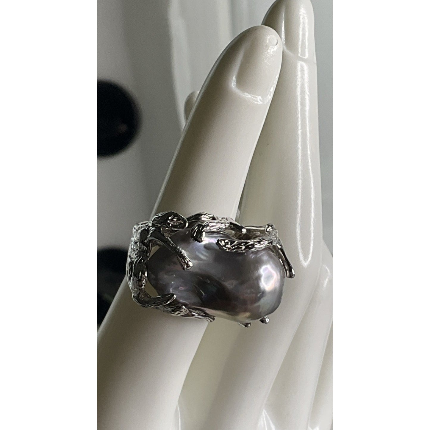 925 OP Sterling Silver Gray Baroque Pearl Branch Statement Ring 17g Size 6.5