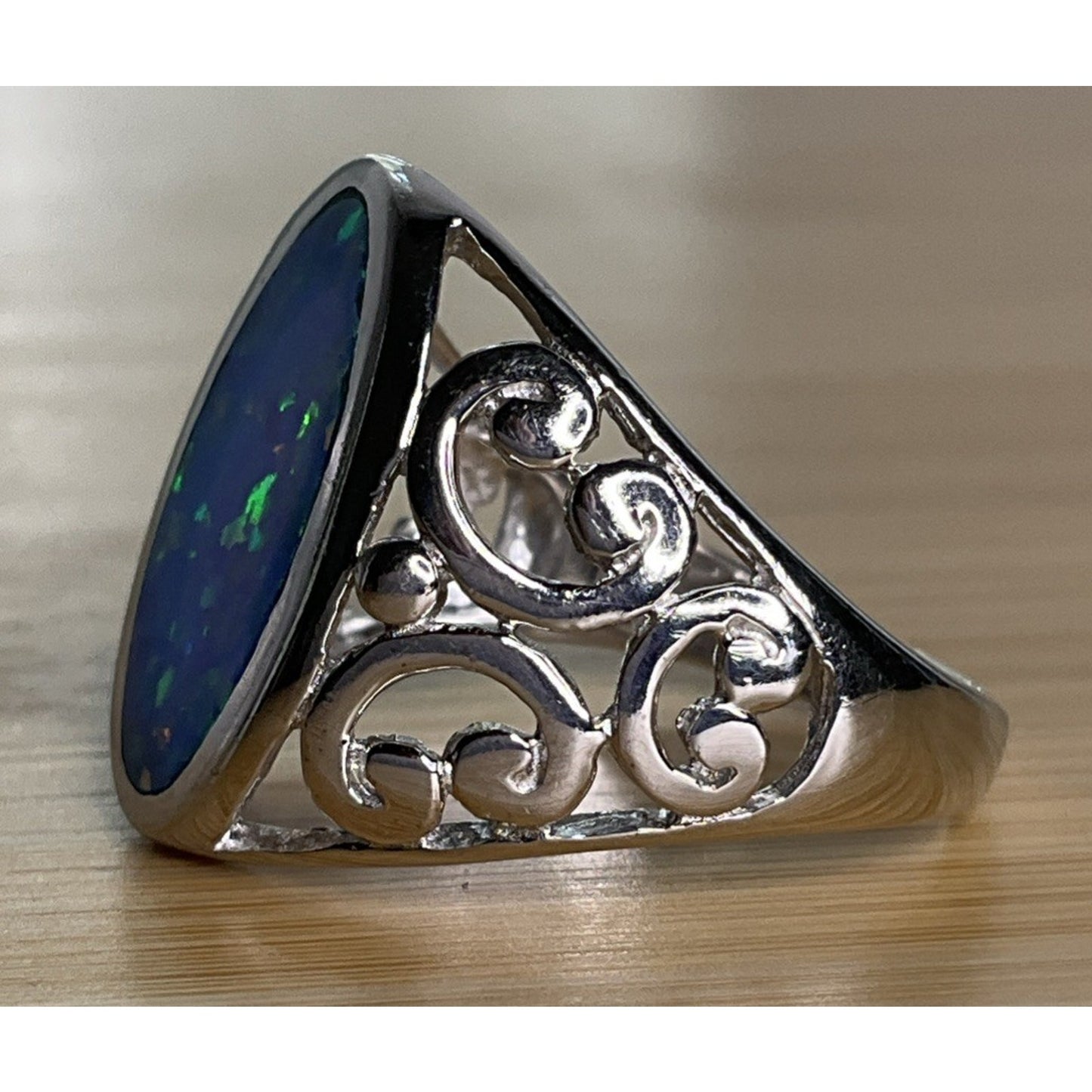 Vintage Sterling Silver Blue Green Oval Opal Filigree Ring Size 9