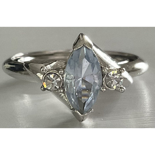 Vintage Sterling Silver 925 Blue Topaz Marquise Ring w CZ Accents Size 8.5
