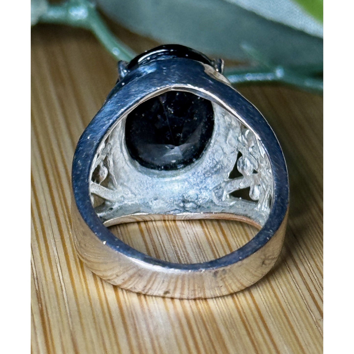 Vintage 925 Sterling Silver Faceted Black Onyx Filigree Statement Ring Size 7