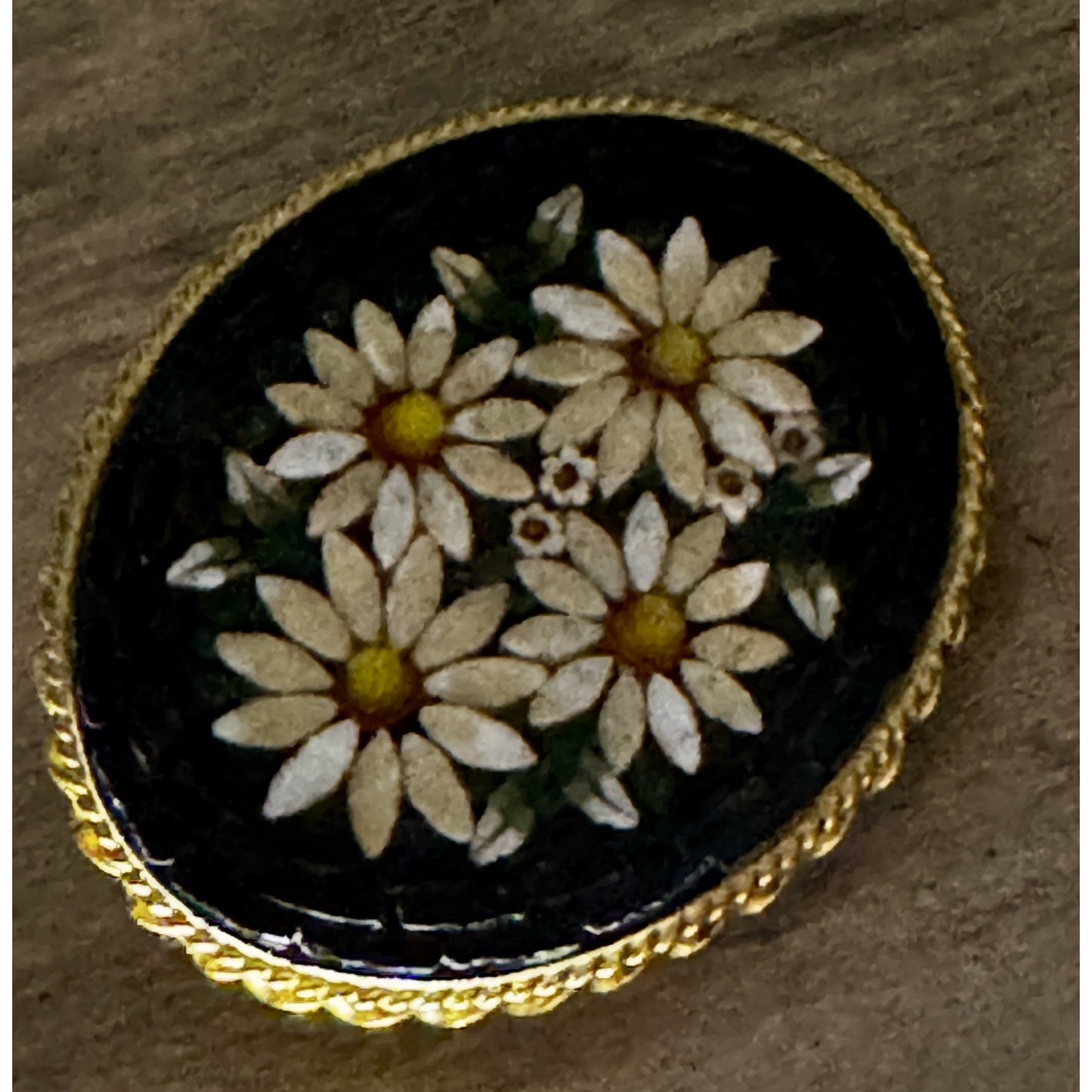 Vintage Italian Micro Mosaic Daisy Floral Black Mid Century Brooch Made In Italy
