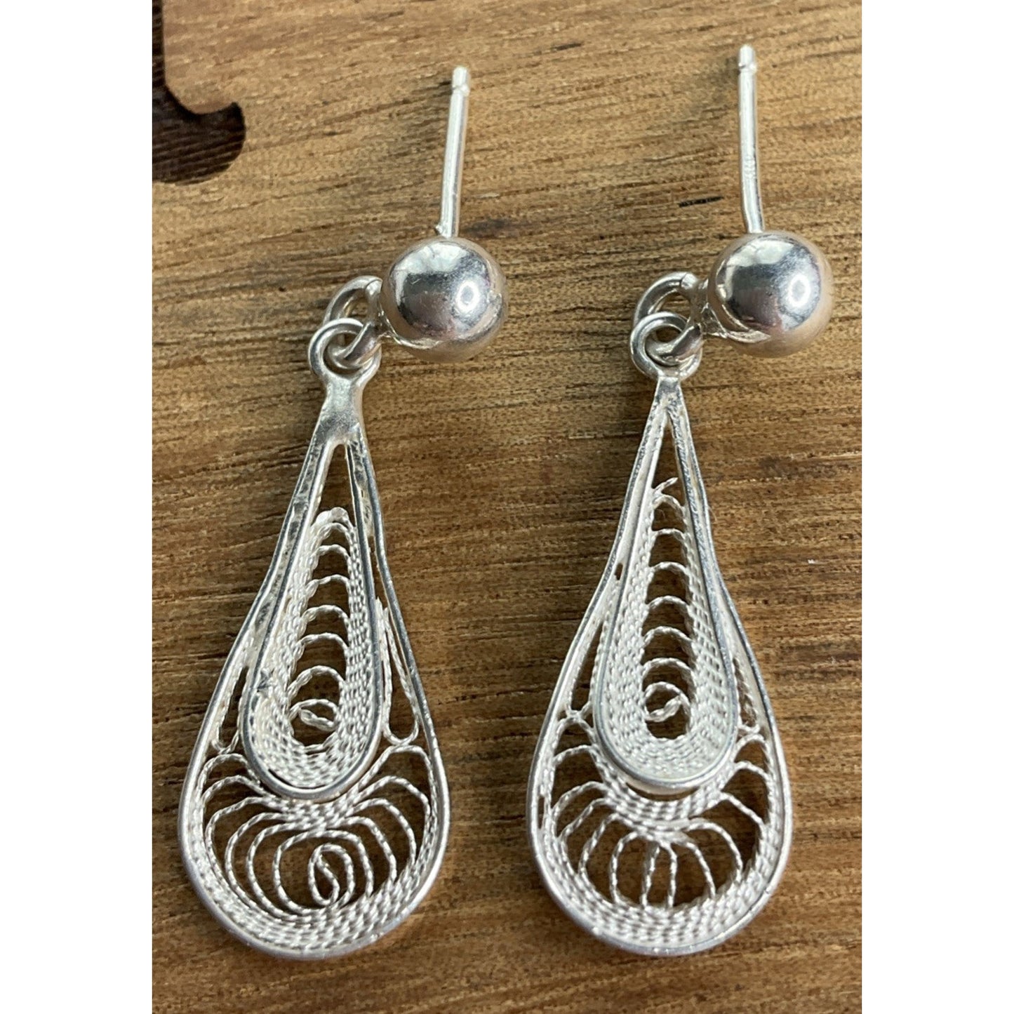 Vintage Sterling Silver Filigree Drop Earrings Dainty Light Teardrop Design