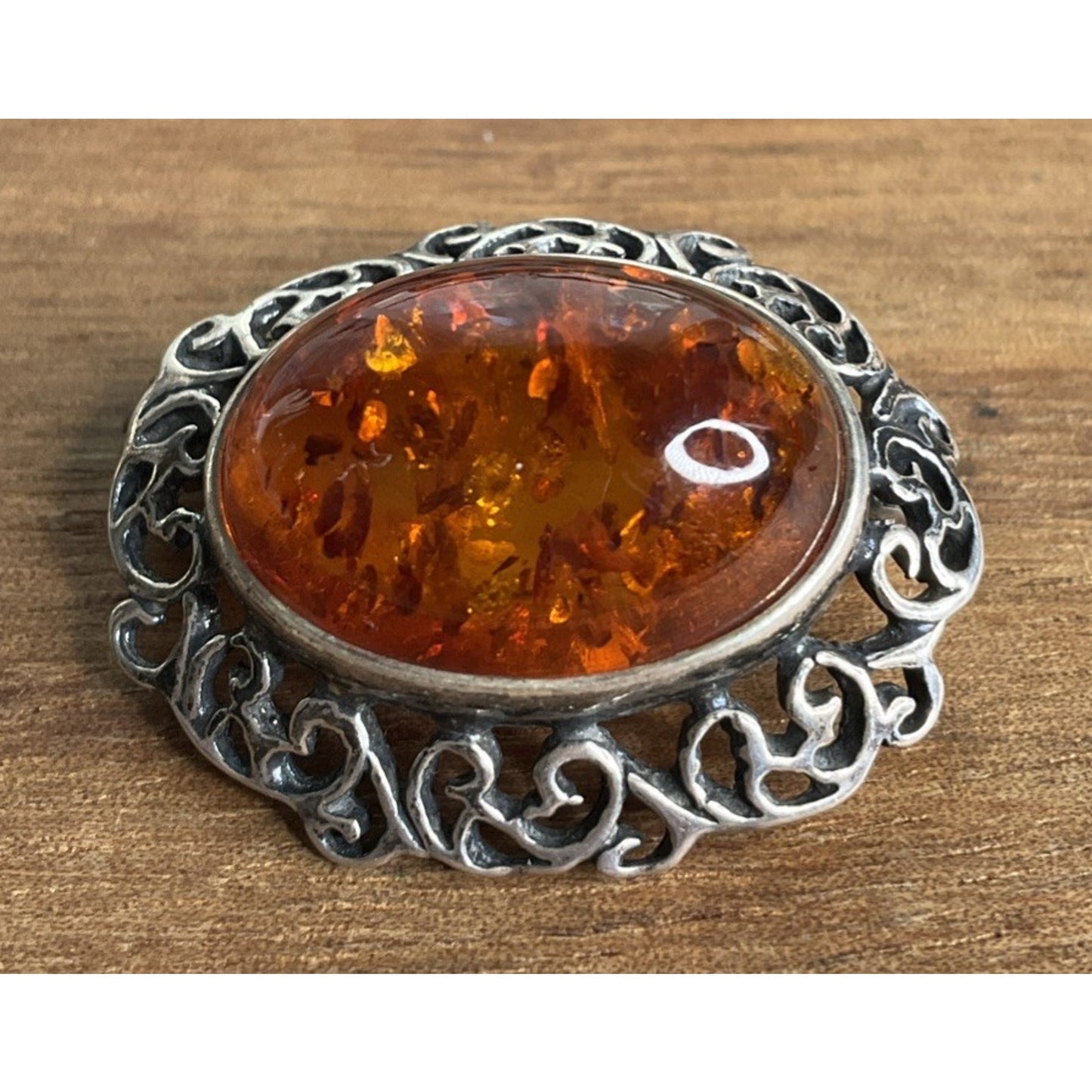 Vintage Baltic Amber Sterling Silver Oval Filigree Brooch Pin Victorian Art Deco
