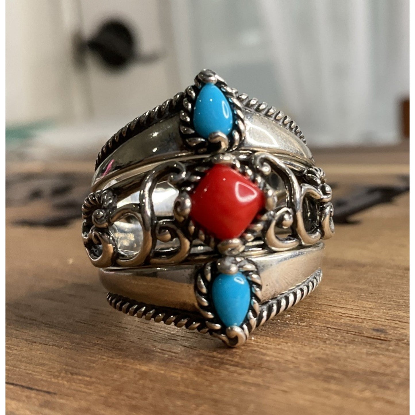 Carolyn Pollack 925 Sterling Silver Turquoise Coral Ring Size 9.75