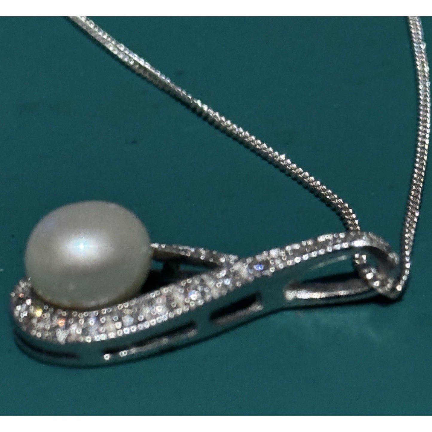 Genuine 10mm Pearl CZ Teardrop Necklace RJ 925 Sterling Silver 17”