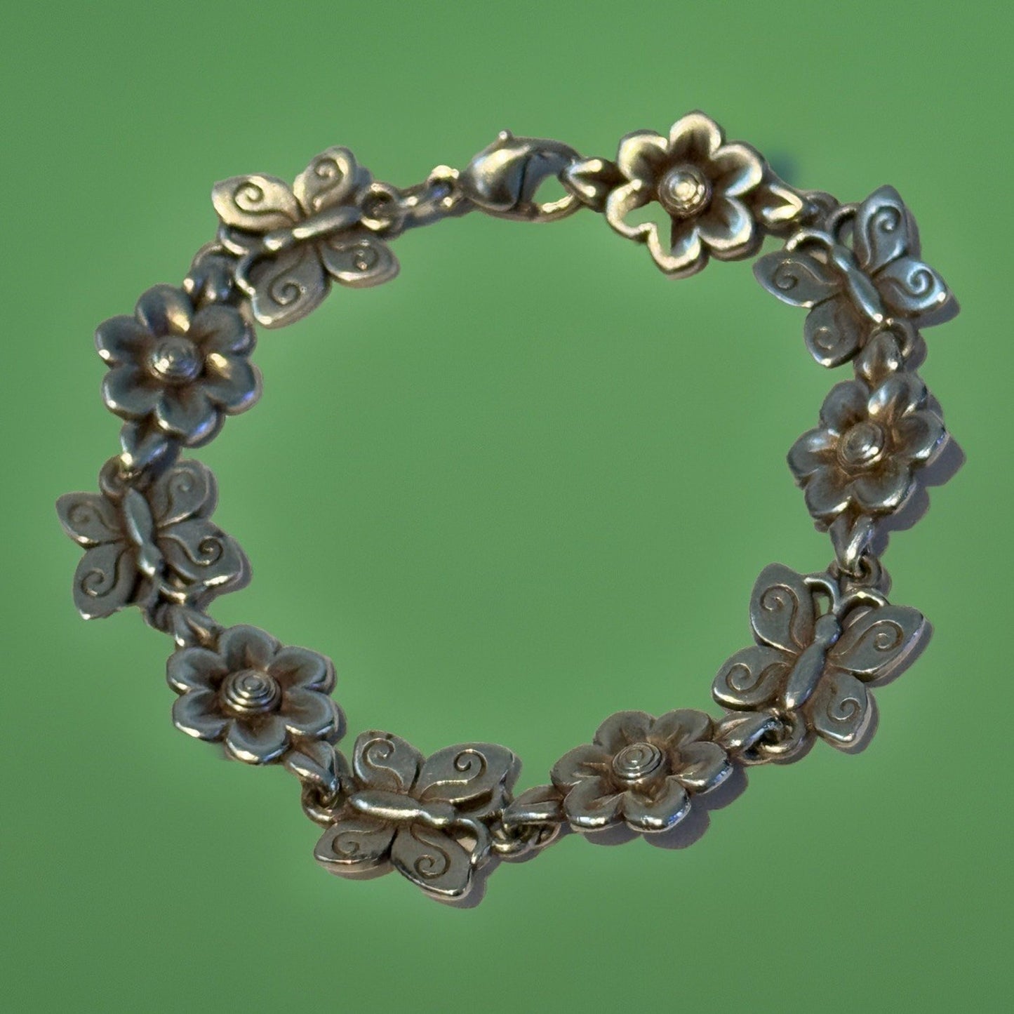 Pre Owned James Avery Retired HTF Silver Butterflies In Bloom Flower Bracelet 7 3/4”