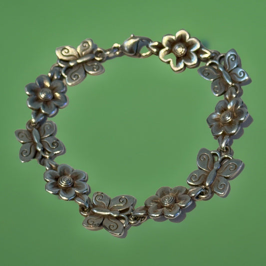 Pre Owned James Avery Retired HTF Silver Butterflies In Bloom Flower Bracelet 7 3/4”