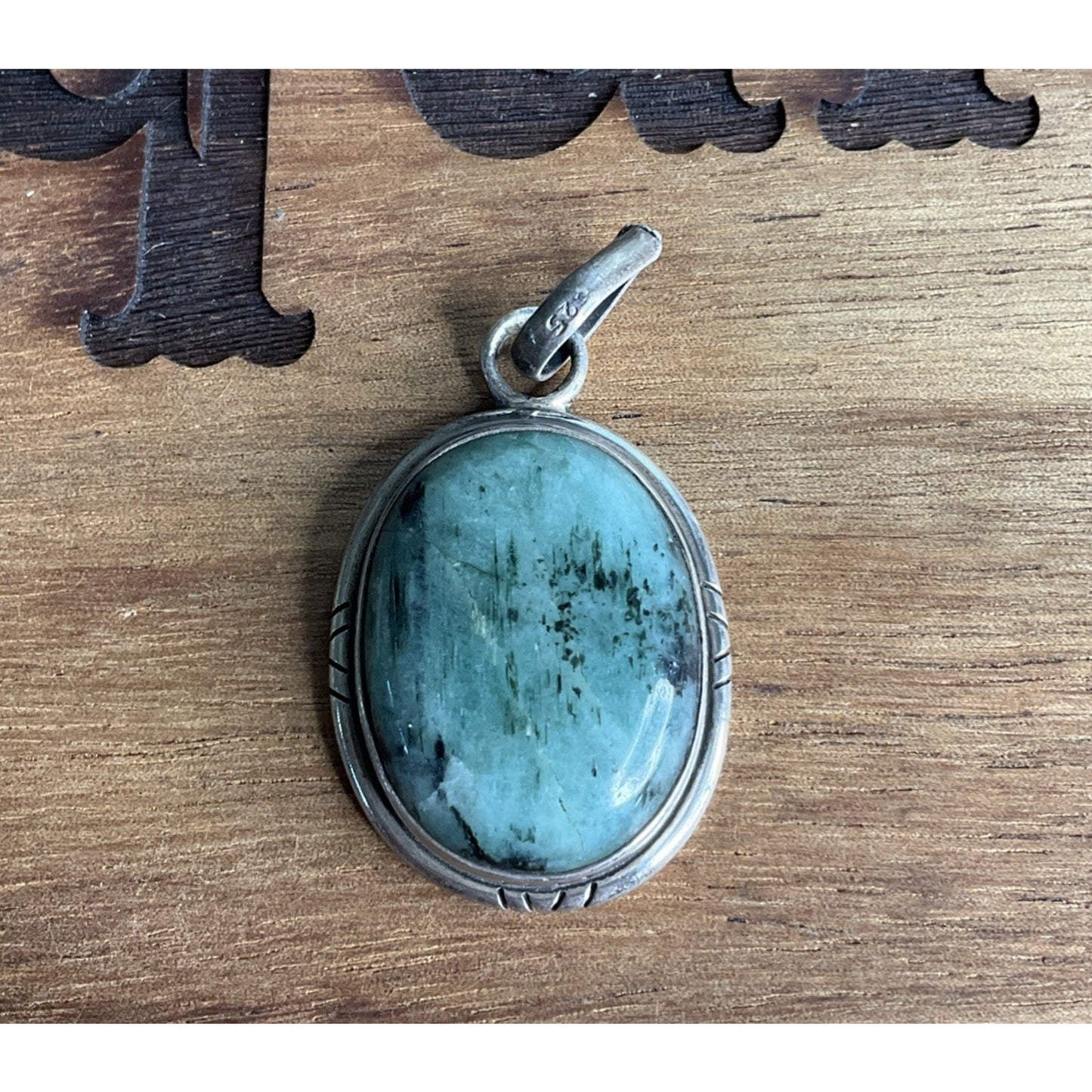 Vintage 925 Sterling Silver Aquamarine Jade Quartz Pendant