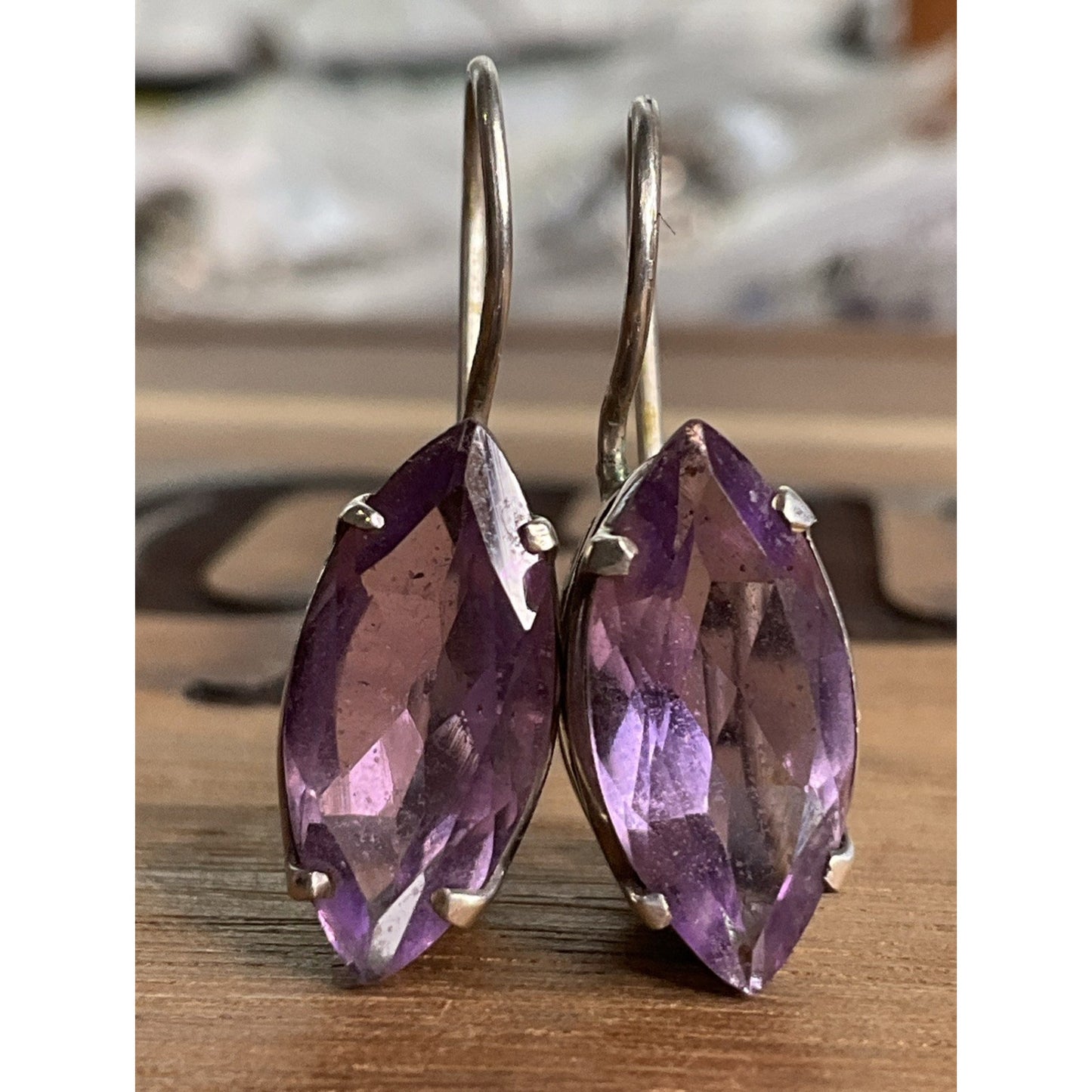 Vintage Sterling Silver Purple Amethyst Gemstone Marquise Leverback Earrings