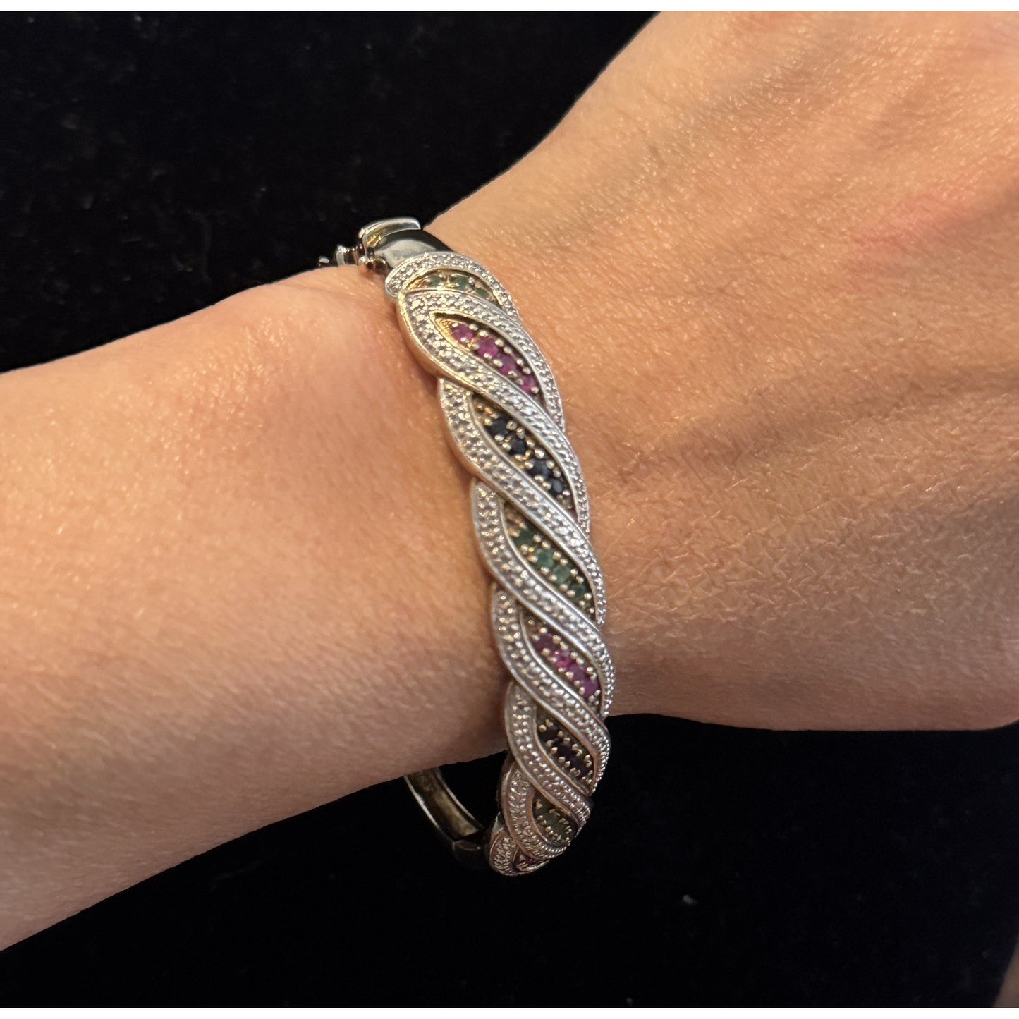 Sterling Creations 925 Silver Hinged Bangle Bracelet Rubies Emeralds Sapphires