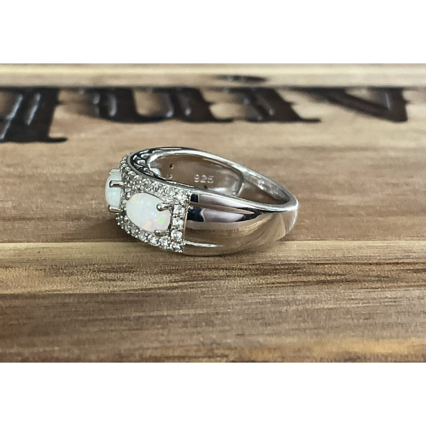 Signed SUN 925 Sterling Silver 3 Stone Oval Opal Ring Pave Size 6.5 Wide Band