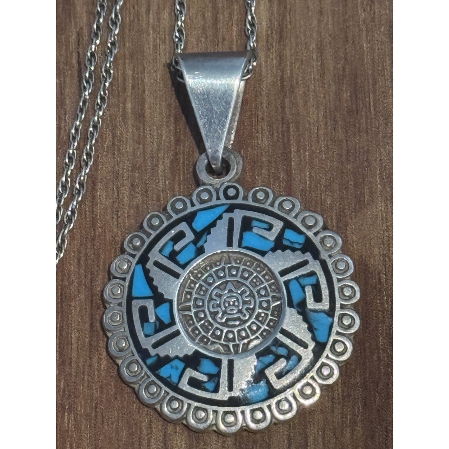 Taxco TB-271 Sterling Silver 925 Turquoise Aztec Calendar Pendant Necklace 18”