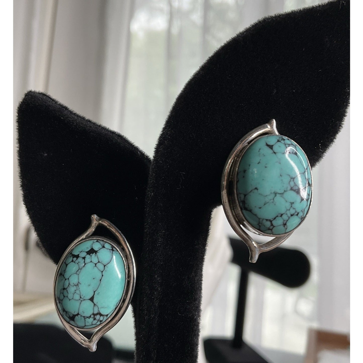 Vintage Sterling Silver Taxco Turquoise Post Earrings Signed 925 17g
