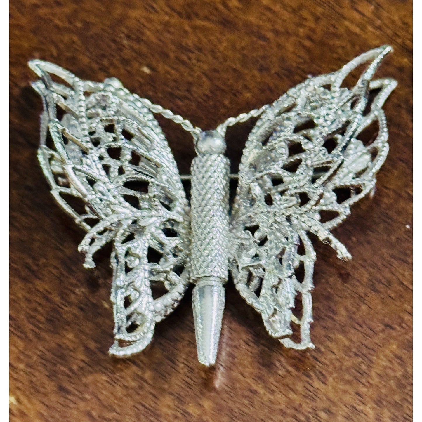 Vintage Monet Butterfly Brooch Silver Tone Filigree Insect Pin Signed 1970s