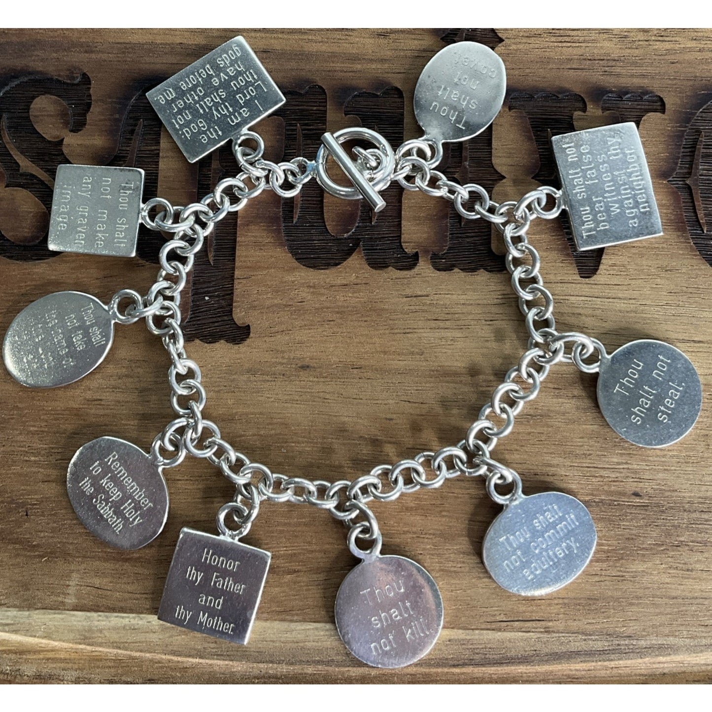 Vintage Sterling Silver Ten Commandments Charm Bracelet Religious 61g