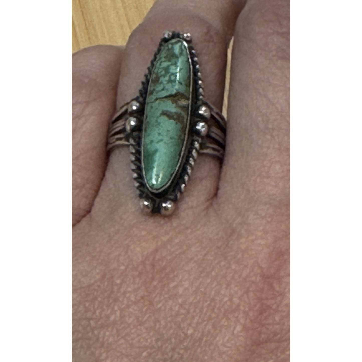 Vintage Navajo Turquoise Sterling Silver Green Turquoise Ring Old Pawn Size 6.5