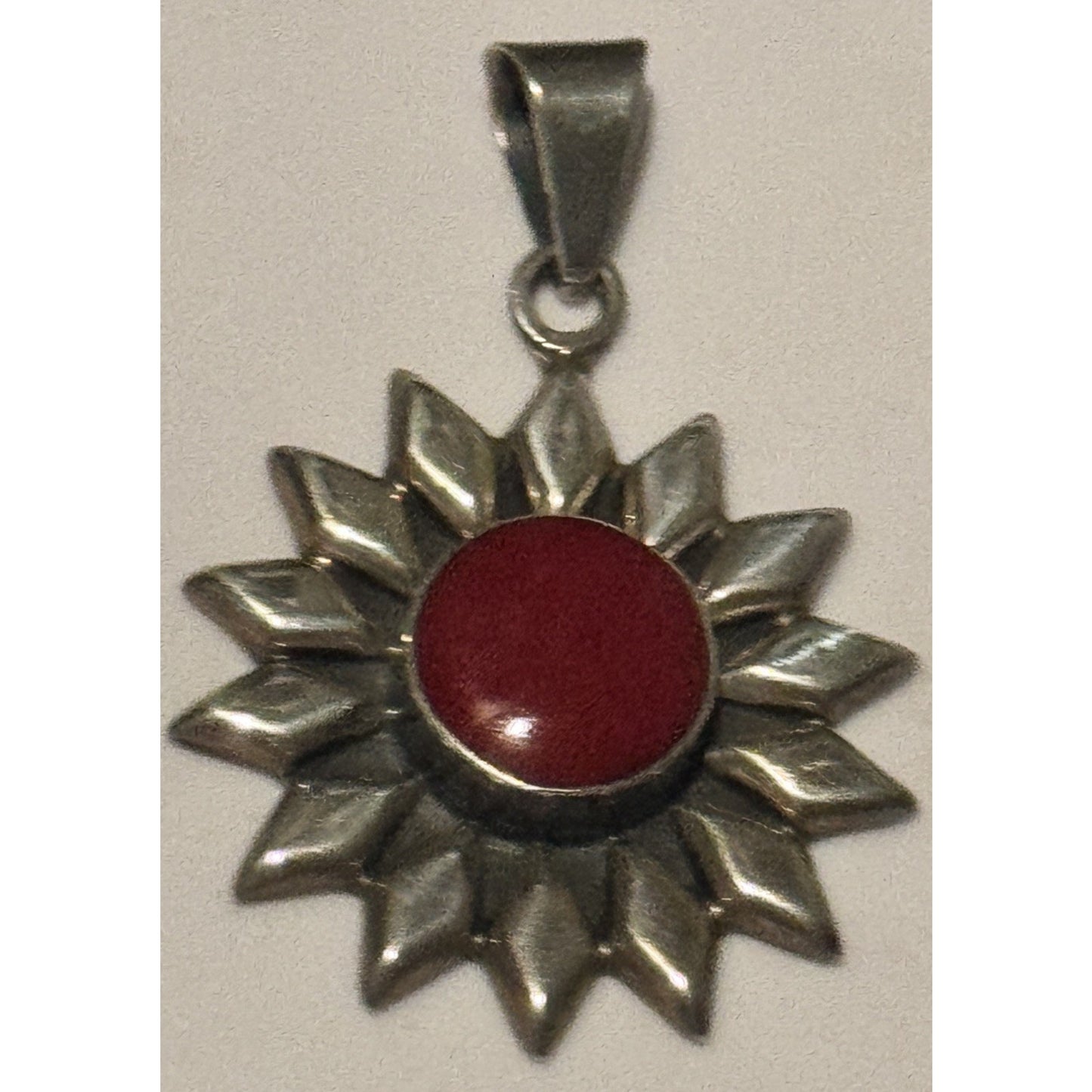 Vintage Sterling Silver Sun Pendant Natural Red Jasper Stone 925 16g