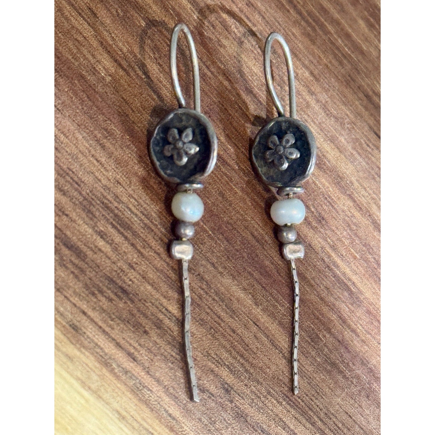 Sterling Silver Freshwater Pearl Floral Dangle Earrings 925 Israel 1.875”