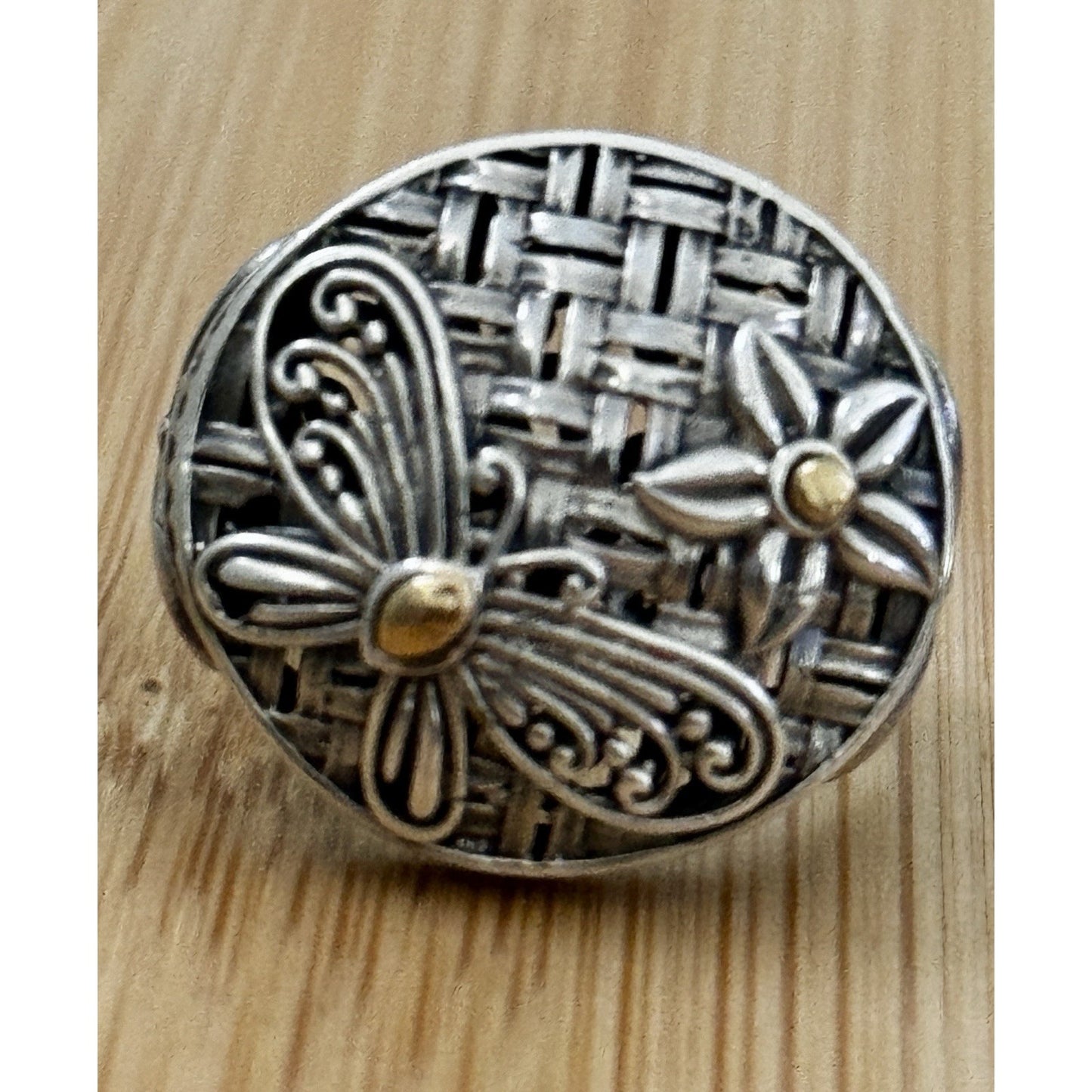 Robert Manse M ID 925 Sterling and 18K Gold Dragonfly Flower Sz 8.5 Bali 7g