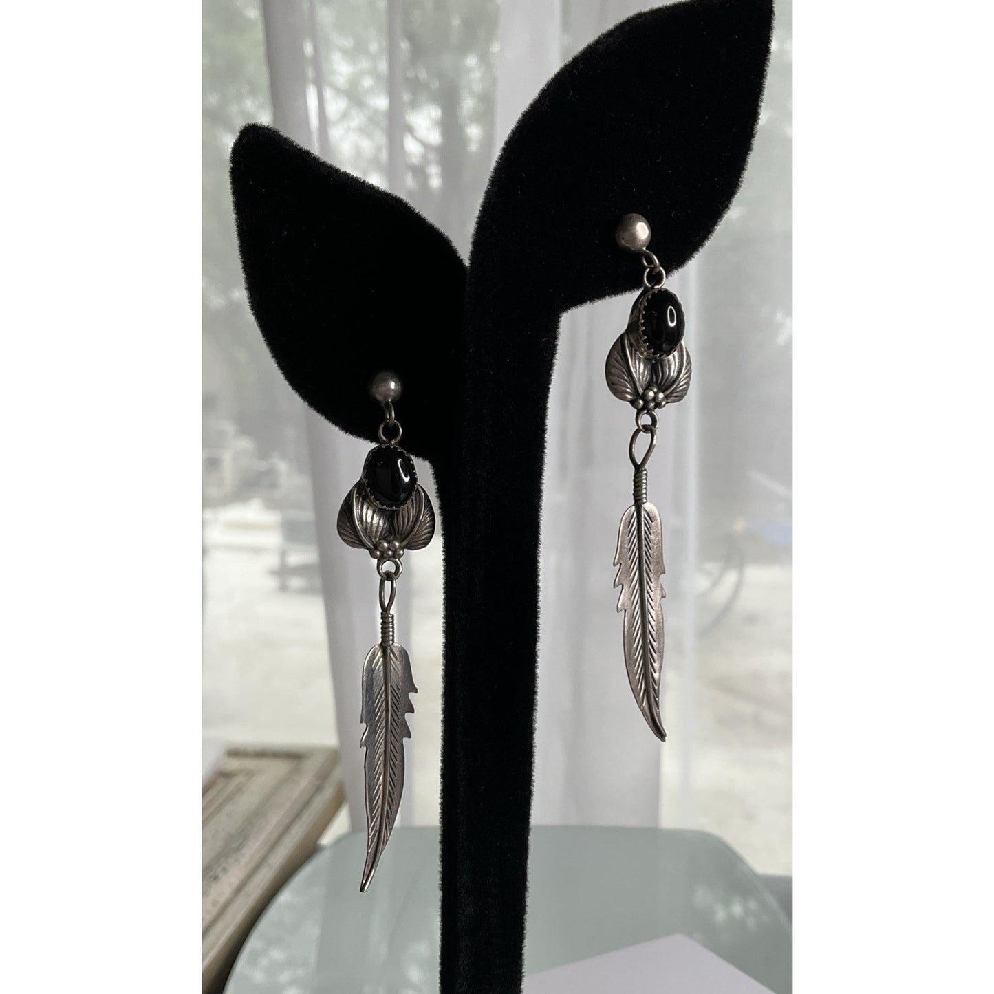 Lorena Sterling Silver Black Onyx Feather Dangle Earrings Southwestern Boho Drop