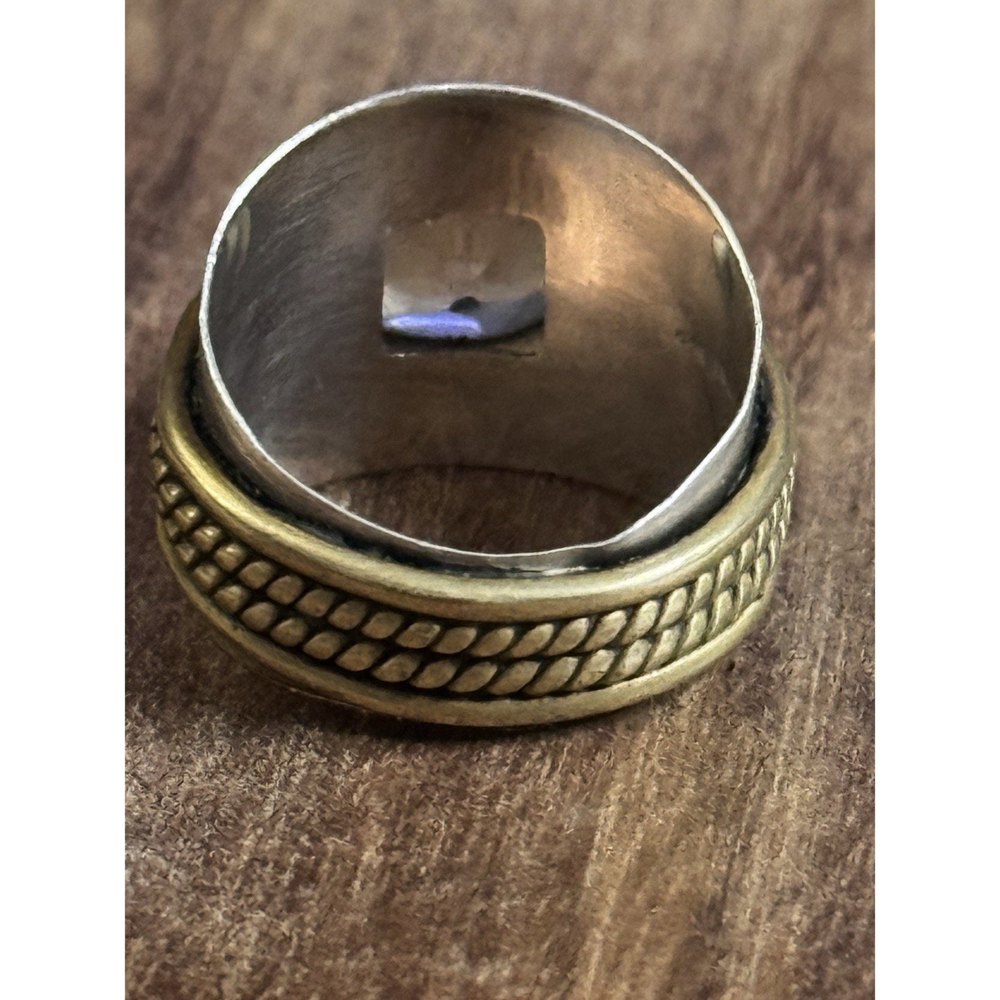 Vintage Sterling Silver & Brass Ring Green Amethyst Prasiolite Cushion Size 7.25