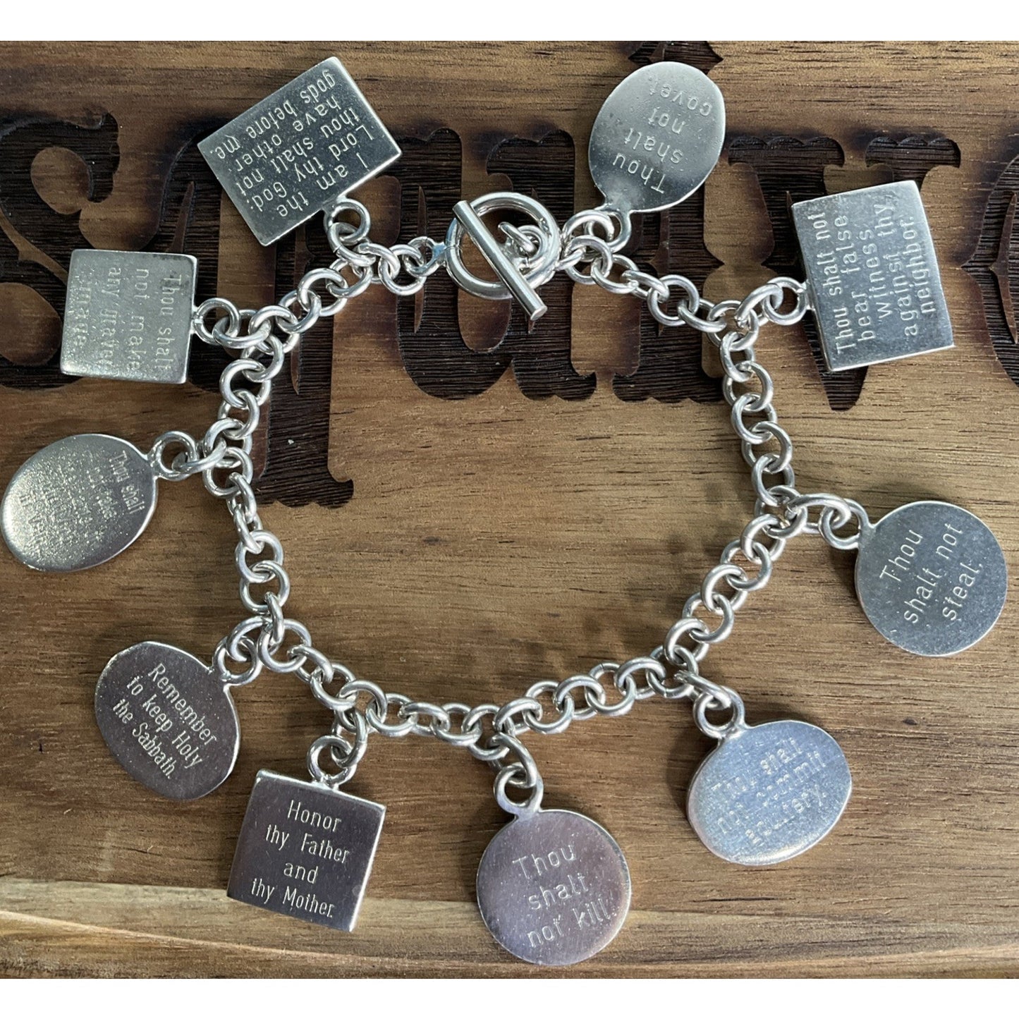 Vintage Sterling Silver Ten Commandments Charm Bracelet Religious 61g