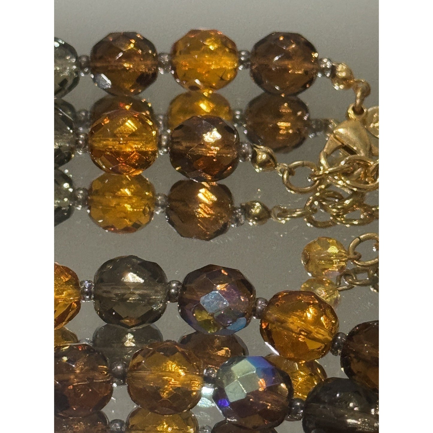 Vintage Signed Joan Rivers Amber Gray Smoky Glass & AB Crystal Bead 32” Necklace