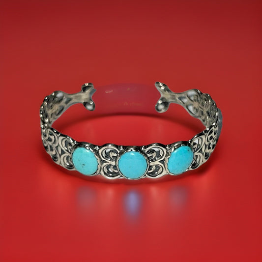 Vintage 925 Sterling Silver Turquoise Cuff Bracelet – Filigree Design – 22g