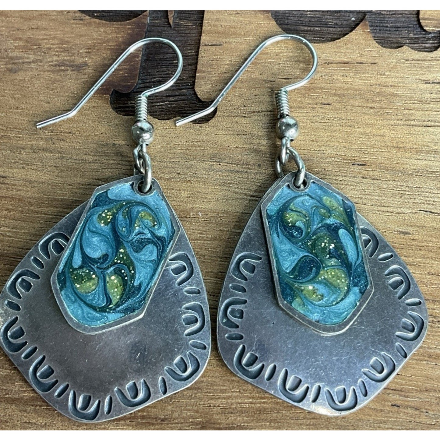 Vintage Sterling Silver Blue Enamel Mixed Metal Dangle 925 Earrings Signed NF