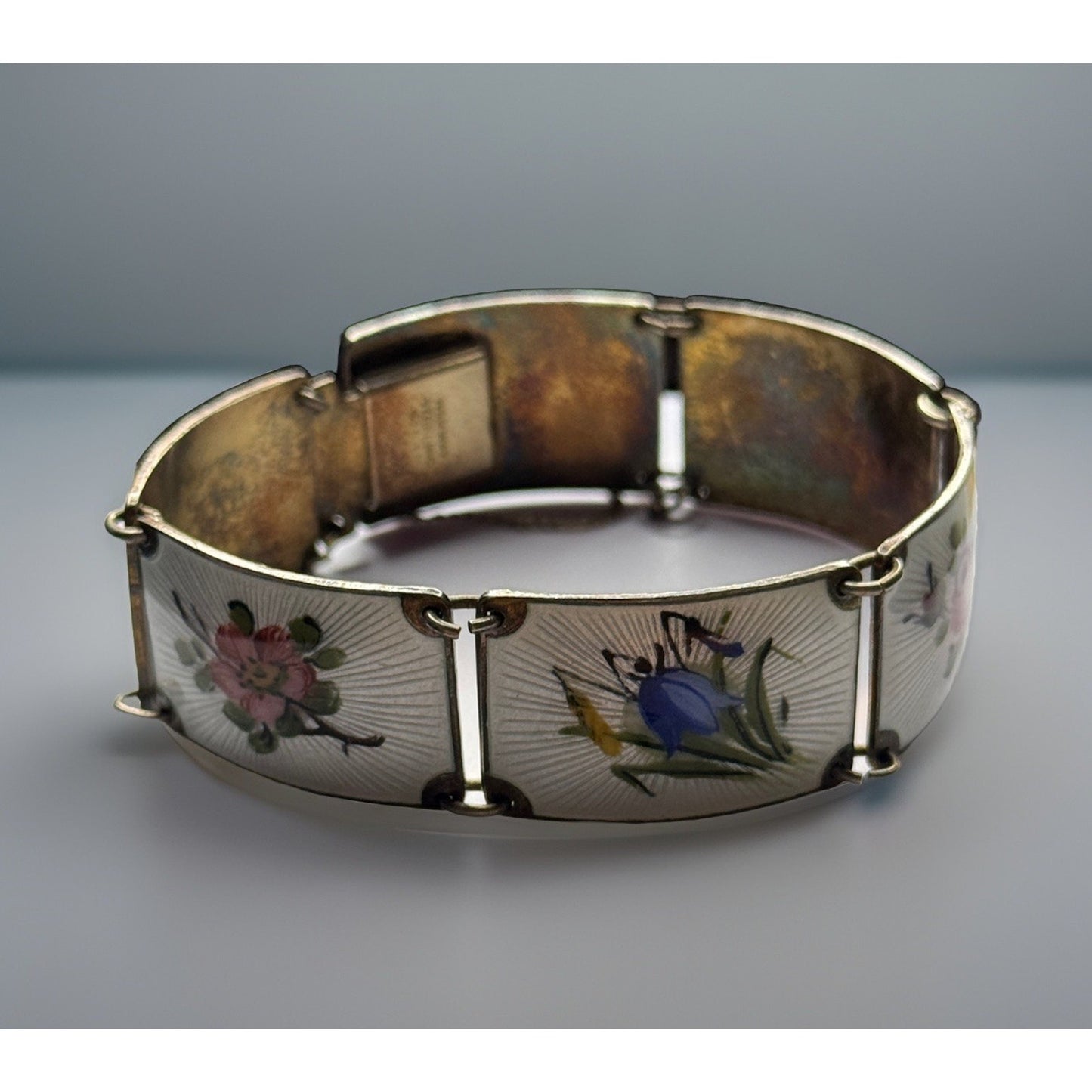 Finn Jensen Guilloche Enamel Sterling Panel Bracelet Rose, Bell Flower, Violet