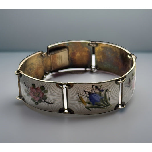 Finn Jensen Guilloche Enamel Sterling Panel Bracelet Rose, Bell Flower, Violet