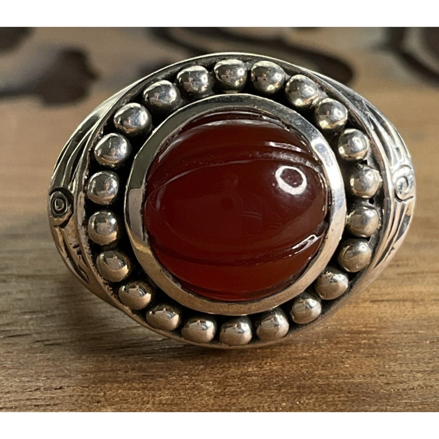 Vintage Doug Paulus DP India Sterling Silver Round Beaded Carnelian Ring Sz 6.5