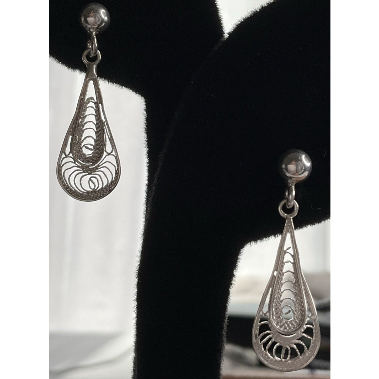 Vintage Sterling Silver Filigree Drop Earrings Dainty Light Teardrop Design