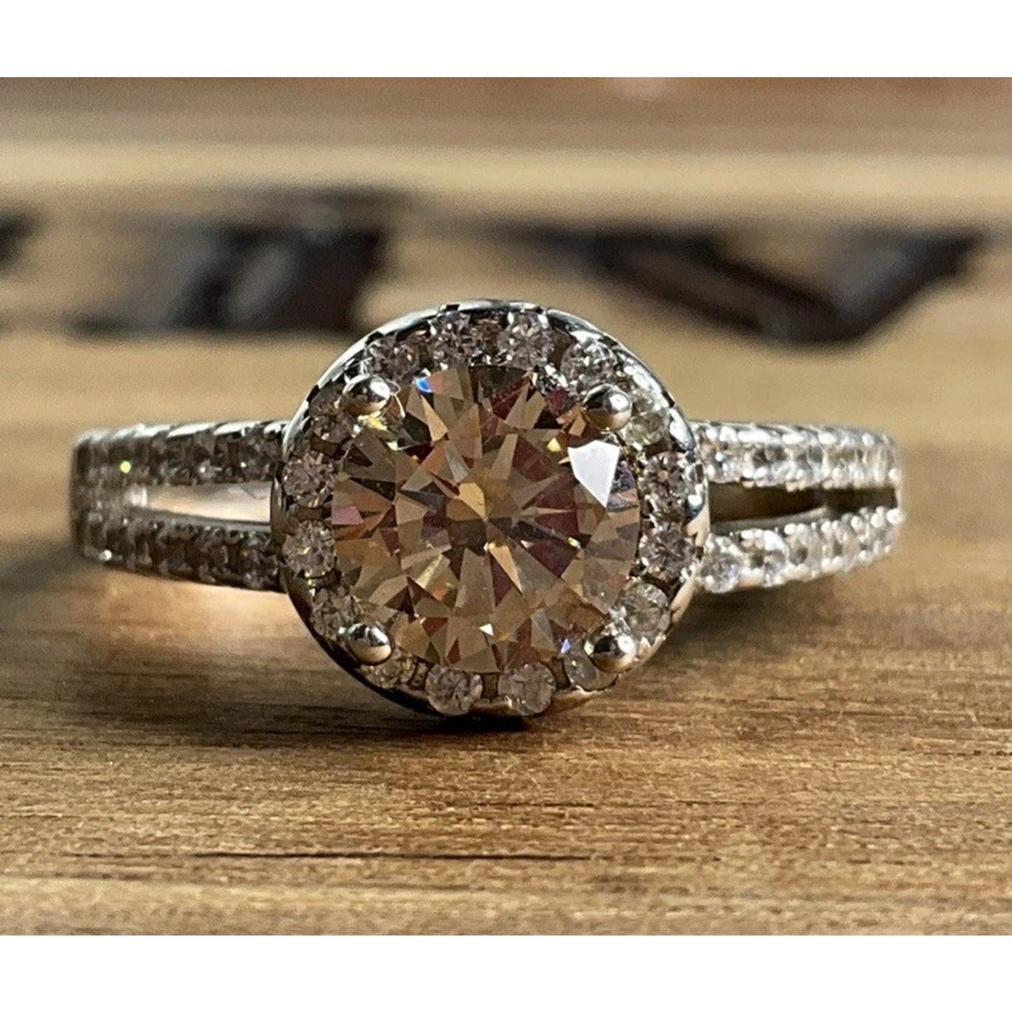 Sterling Silver Champagne CZ Halo Engagement Ring Size 7.5 Round Bridal