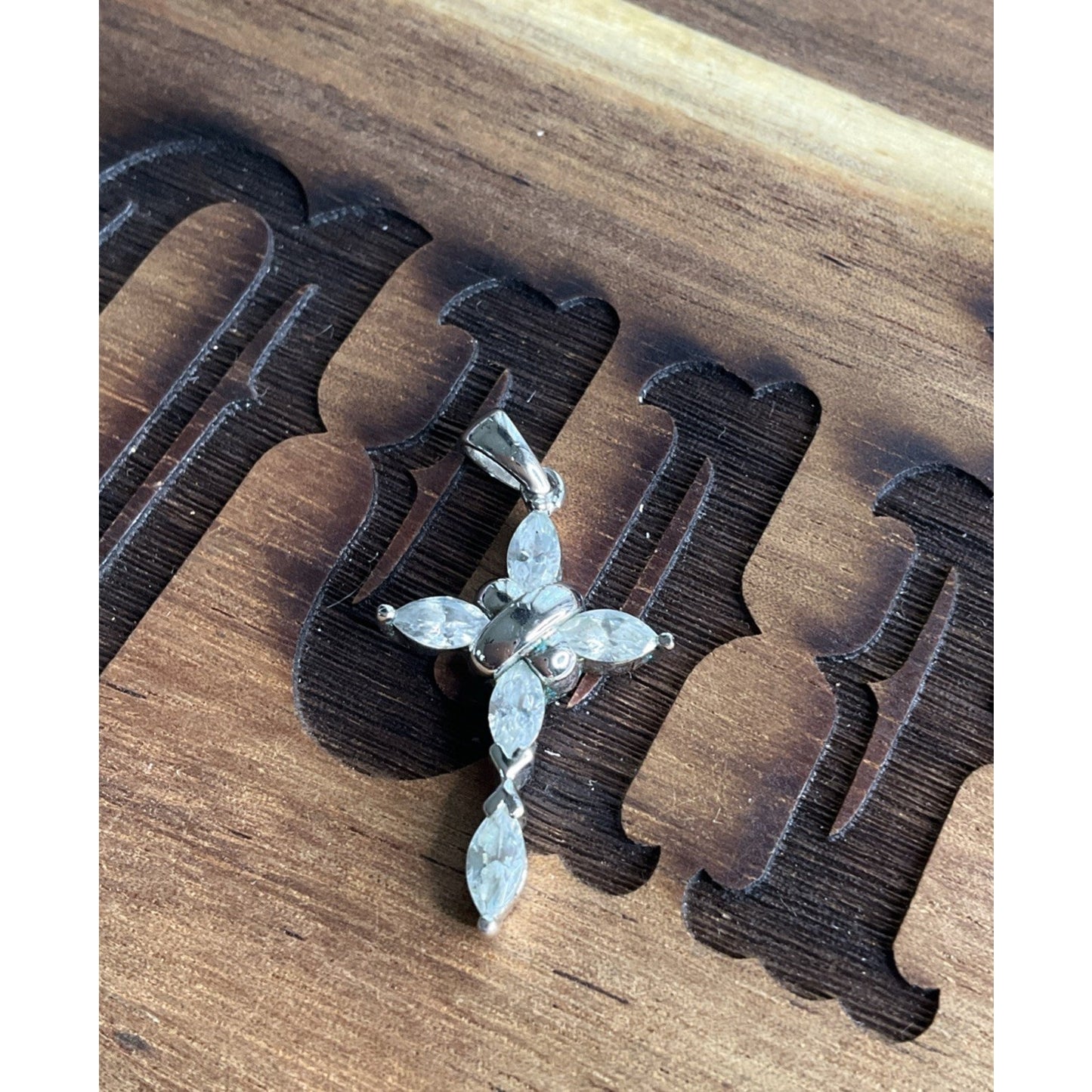 Sterling Silver Cross Pendant Clear CZ Marquise Cut Religious Jewerly