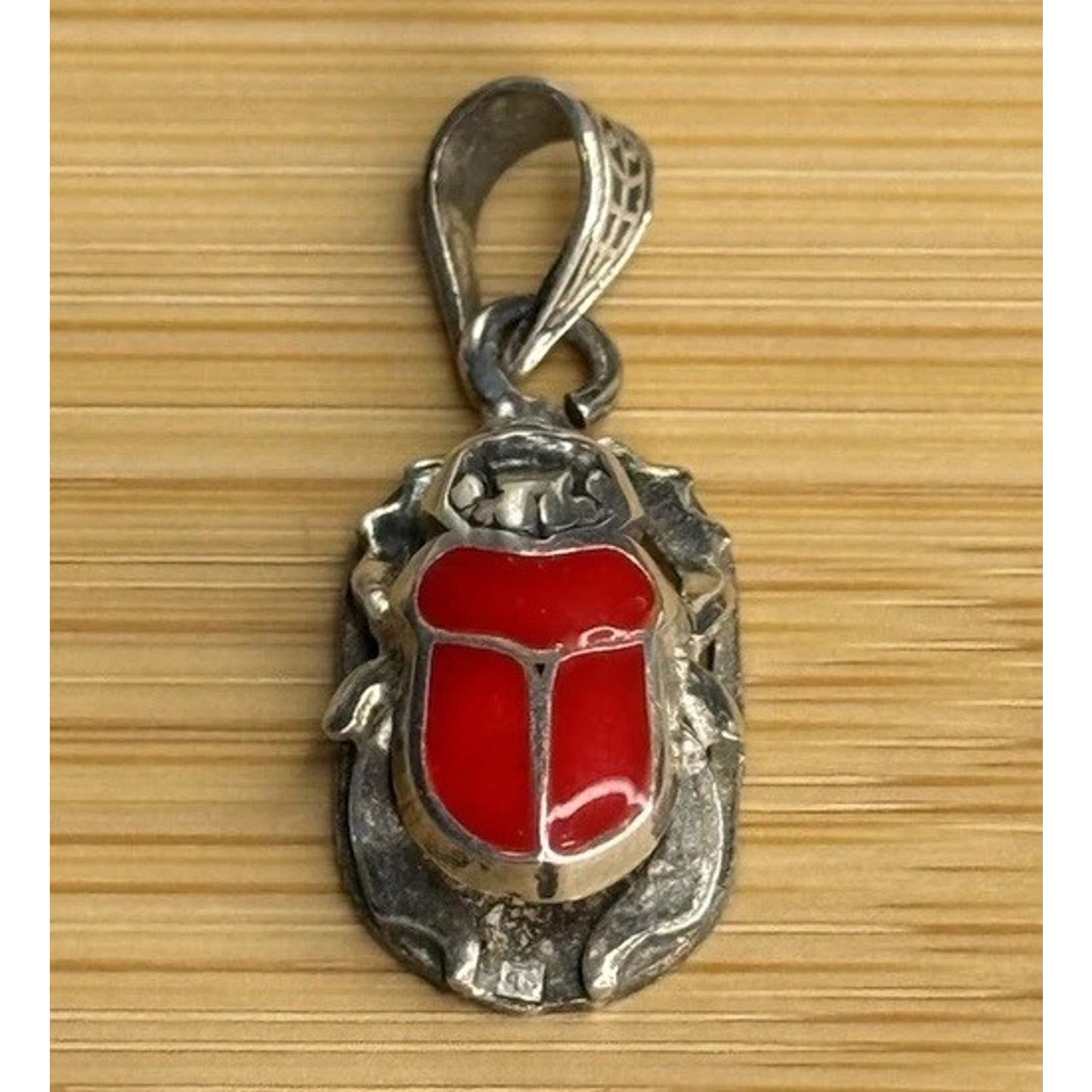 Vintage Sterling Silver & Red Enamel Egyptian Scarab 925 Pendant Or Charm