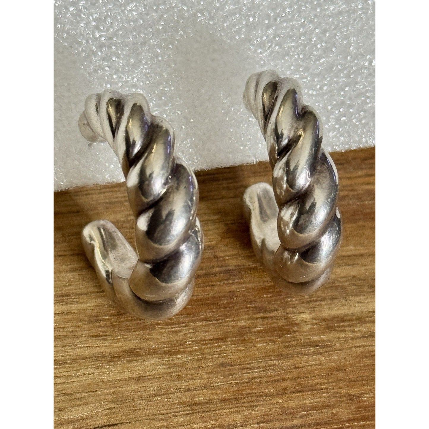 Vintage Sterling Silver 925 Ribbed Fluted Half Hoop Twisted Chunky Earrings