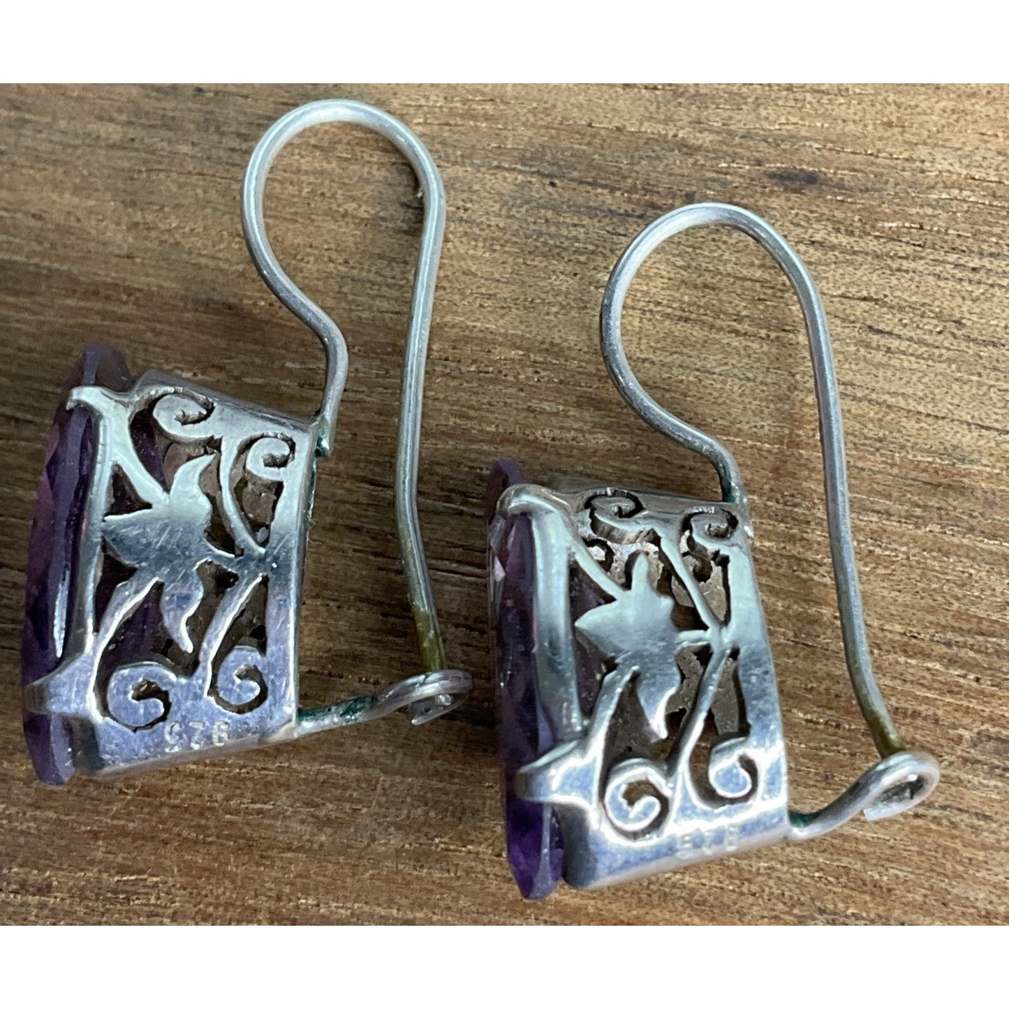 Vintage Sterling Silver Purple Amethyst Gemstone Marquise Leverback Earrings