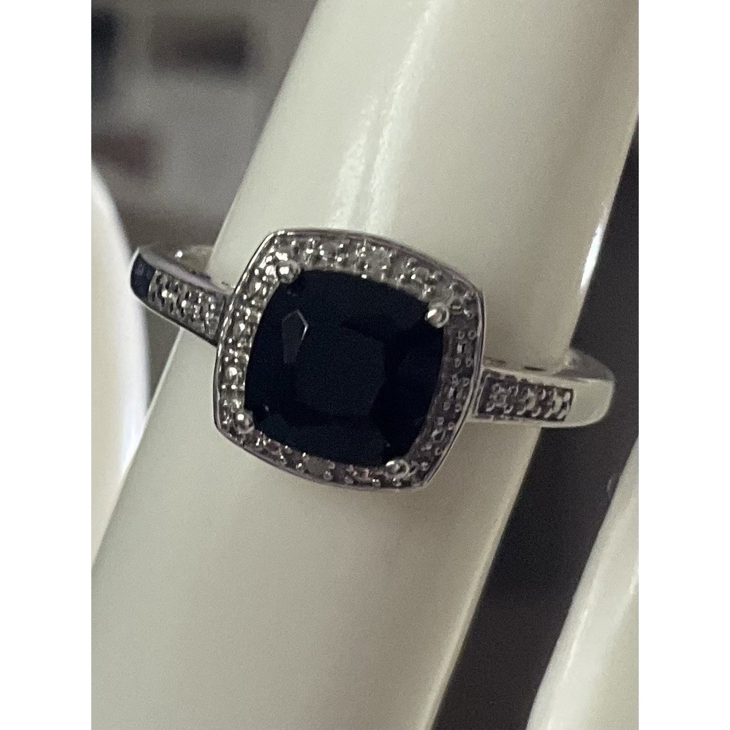 Sterling Silver 925 M Black Onyx Halo Ring CZ Accents Size 7.5