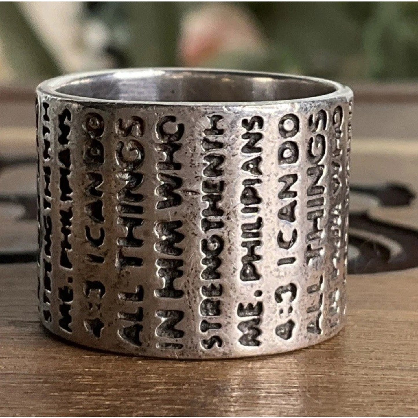 Sterling I Can Do All Things Through Him Philippians 4:13 Cigar Band Ring Sz 7