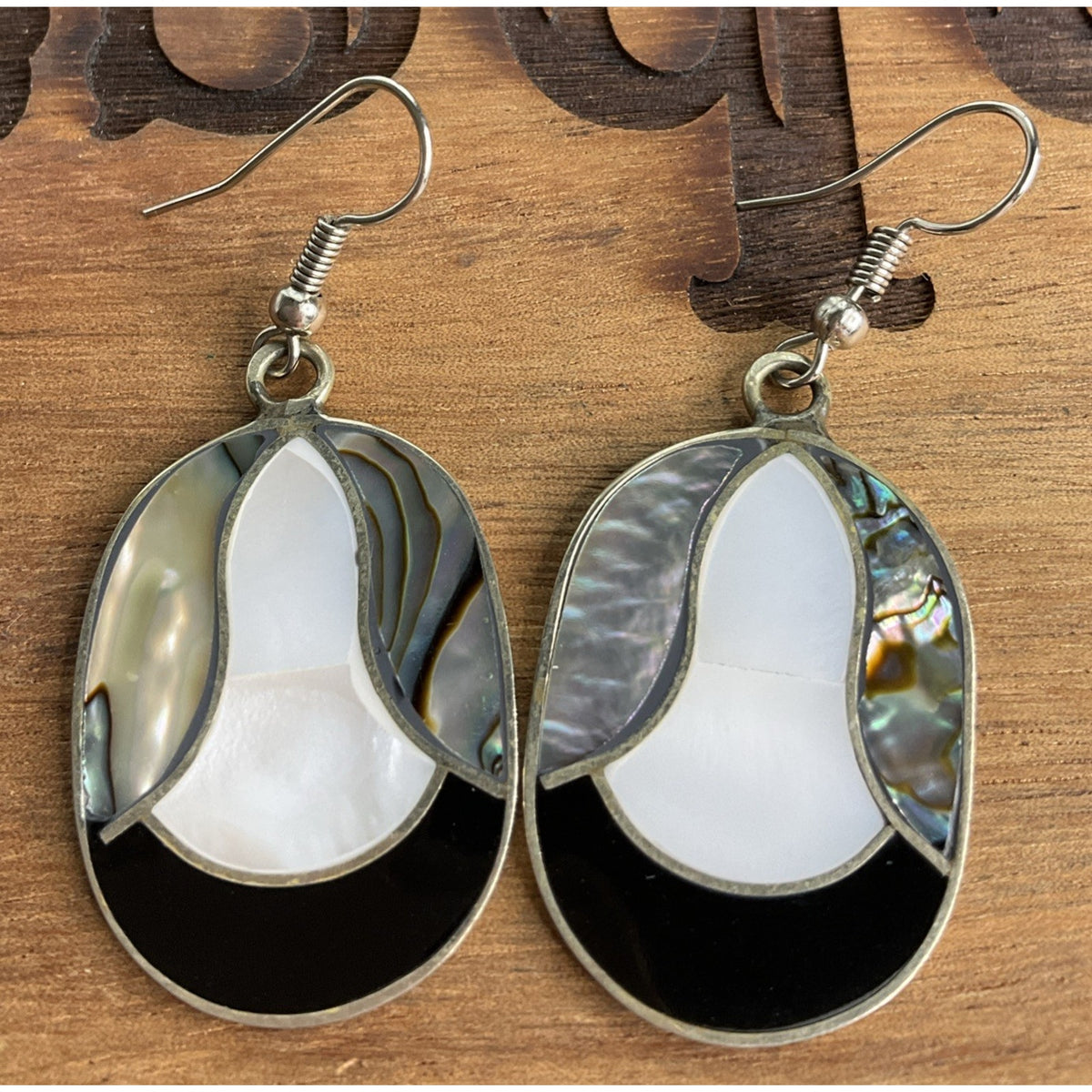 Vintage Alpaca Sterling Silver Mother of Pearl Abalone Inlay Dangle Earrings