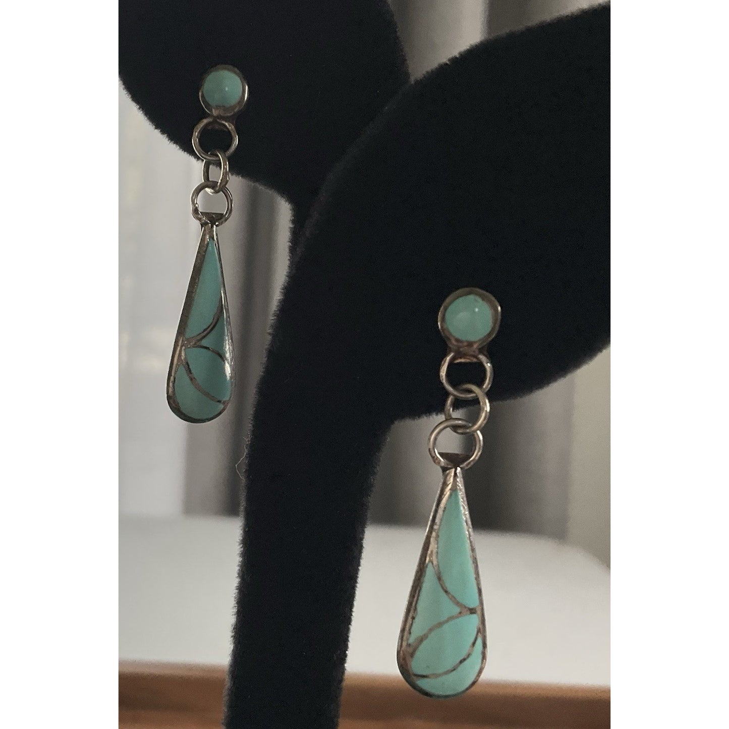 Sterling Silver Turquoise Inlay Dangle Earrings Teardrop Southwestern Style 4.3g