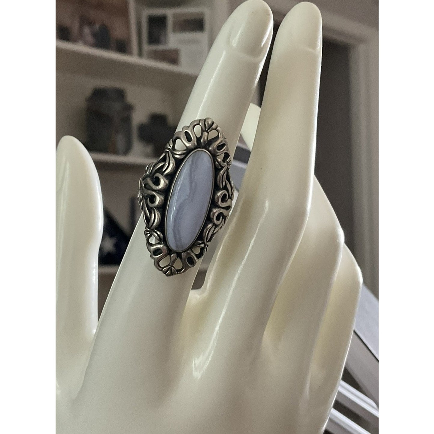 Vintage Sterling Silver Carolyn Pollack Oval Blue Agate Filigree Ring Size 7
