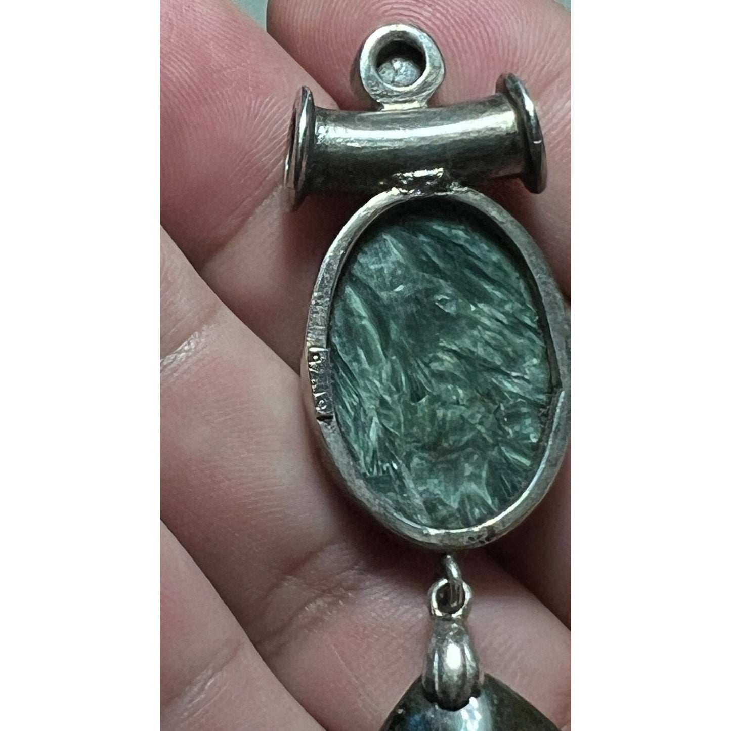 Vintage Sterling Silver Seraphinite Pearl & Obsidian Pendant Modernist 3” 18g