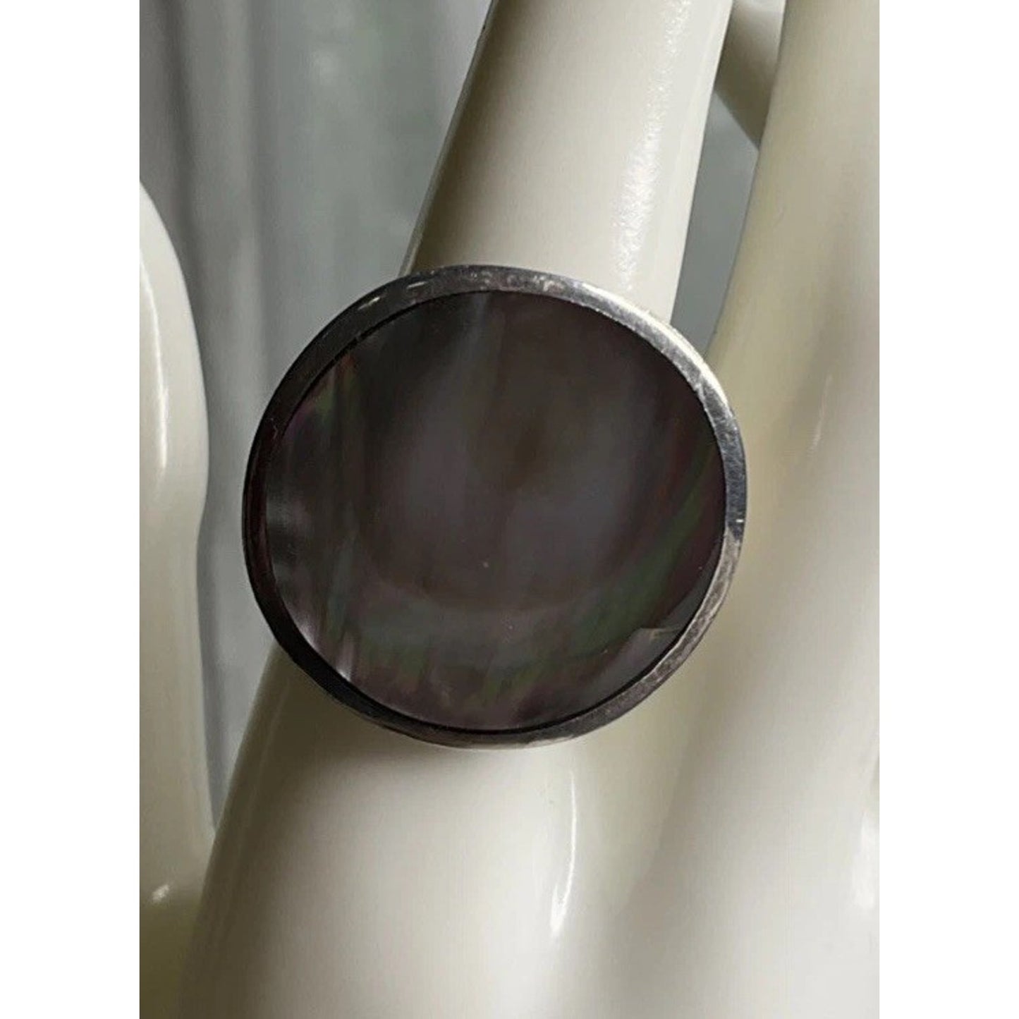 Vintage Silver 925 Black Mother of Pearl Thailand Oval Statement Ring Size 8.75