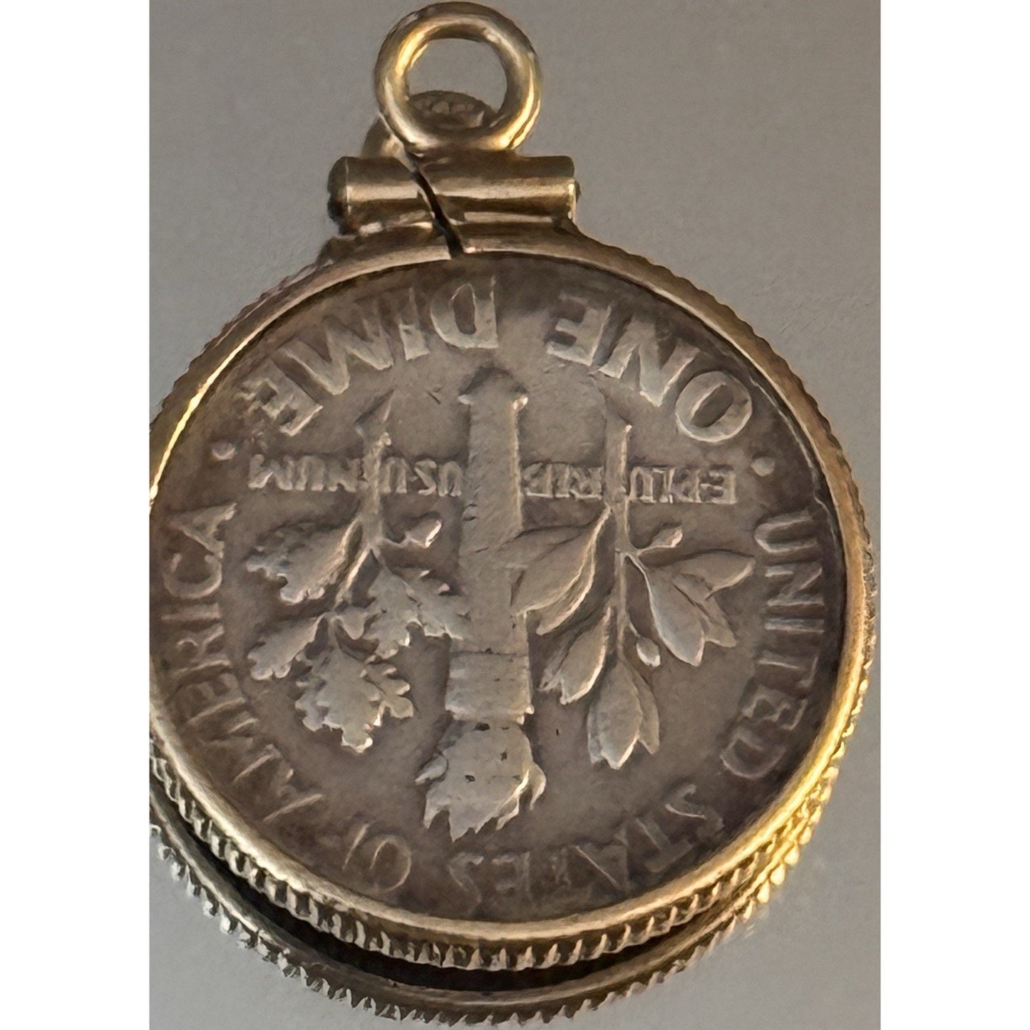 Vintage 1949 Roosevelt Dime 90% Silver Pendant Charm In 10K Gold WPC Bezel