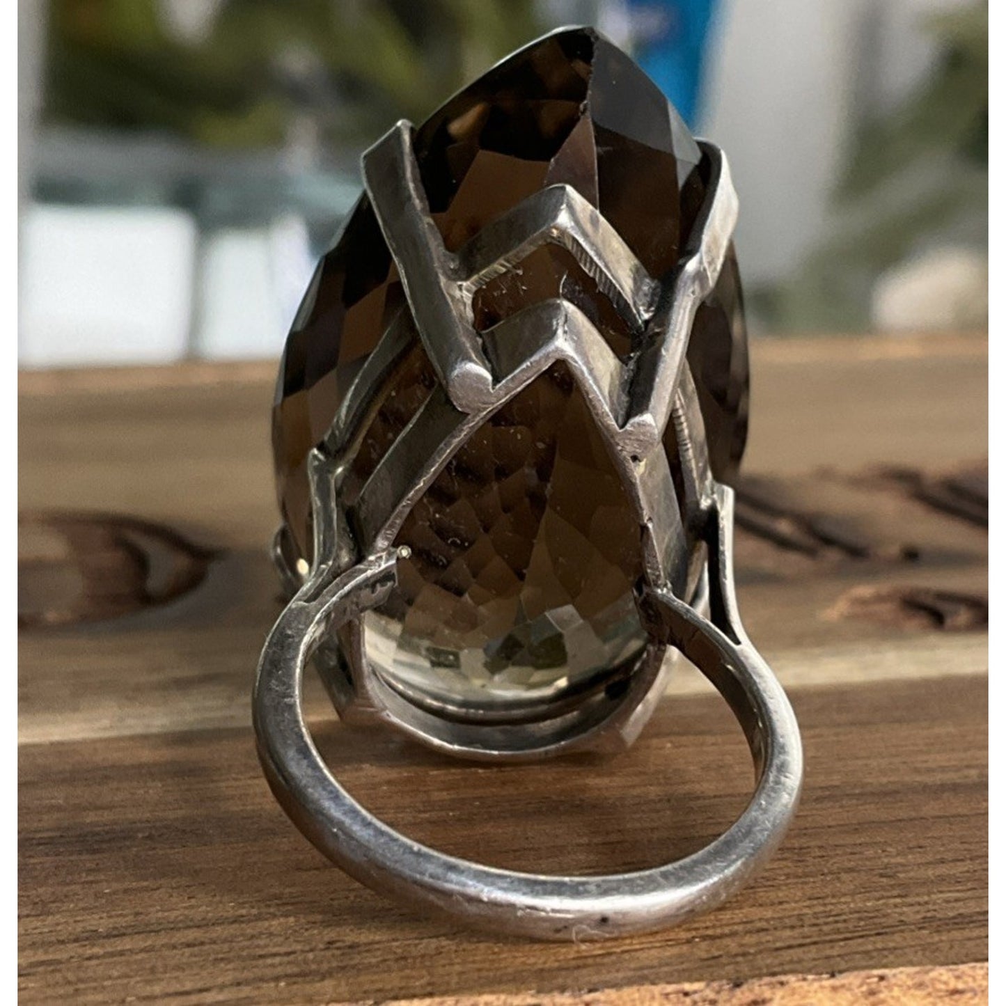 Vintage Sterling Silver Large Smoky Quartz Pear Cocktail Statement Ring 22g Sz 7