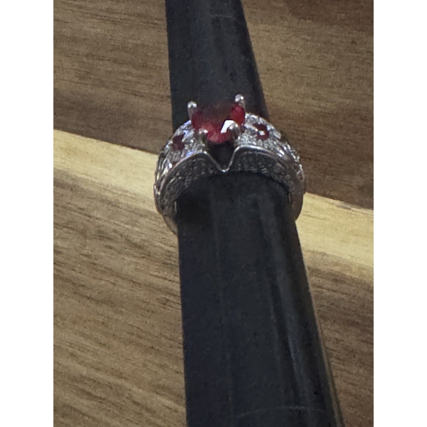 Sterling Silver Lab Created Red Heart Gemstone Ring 925 Filigree Size 8.5, 5.5g